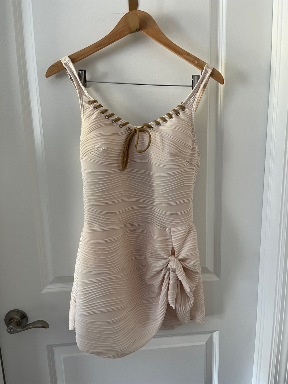 Rotita jacquard tie Knot beige Swimdress laceup neck sz M